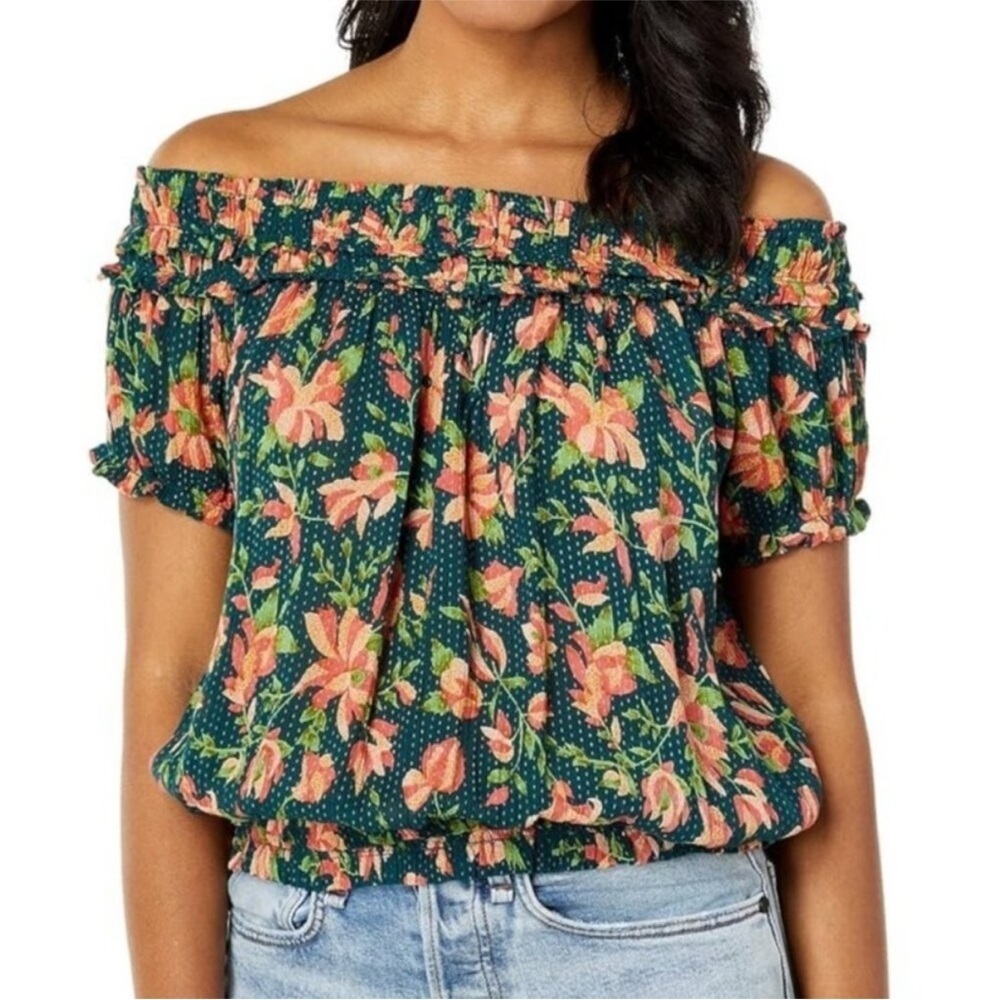 Free People Suki Top Women's Small Green Floral Smocked Off the Shoulder